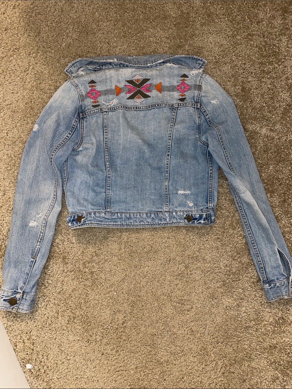 American Eagle Outfitters Light Blue Denim Jacket with Colorful Embroidery